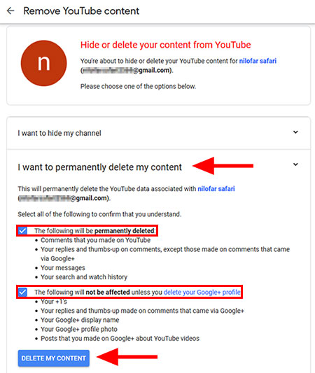 حذف اکانت از یوتیوب